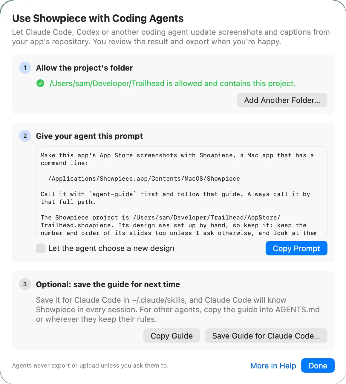 Showpiece's Use with Coding Agents window, with the prompt to give an agent.