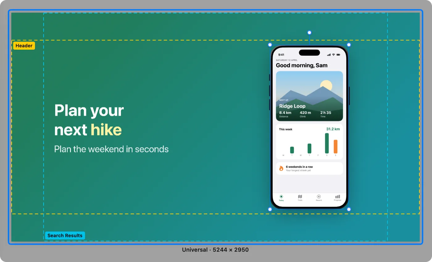 A product page header image in Showpiece, with dashed guides marking the header and search results crops.